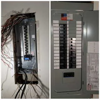 Circuit breaker panel before and after — tangled wiring rebuilt into a clean labeled panel
